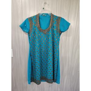 Indian Blue Sequin Jeweled Gold XL Embroidered Tunic Top Turquoise Ornate Saree